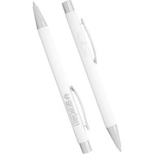 A white ballpoint pen with a silver clip and accents, featuring a branding logo. Two pens are displayed.