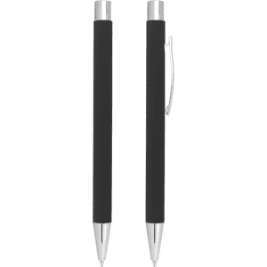 A black metal ballpoint pen with a sleek design and silver accents, featuring a clip and click action mechanism.