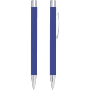 A blue metal ballpoint pen with a chrome clip and accents. Features a click action mechanism.