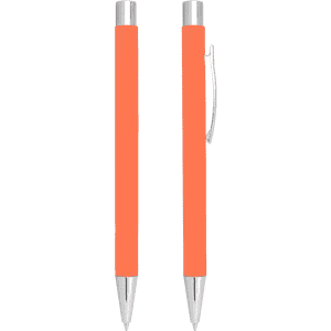 An orange Gorica Click Action Ballpoint Pen with silver accents, featuring a sleek metal design and a clip.