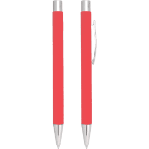 A red metal ballpoint pen featuring a sleek design and a metallic clip. The pen has a branding logo.