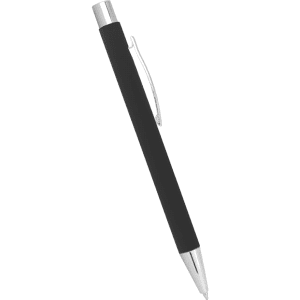 A black metal ballpoint pen with a silver clip and tip, featuring a sleek design and logo.