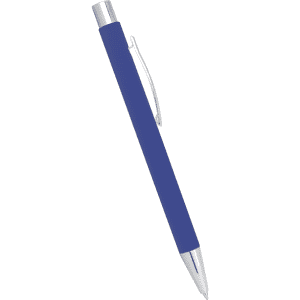 A blue ballpoint pen with a metallic finish and a clip. The pen has a sleek, modern design.