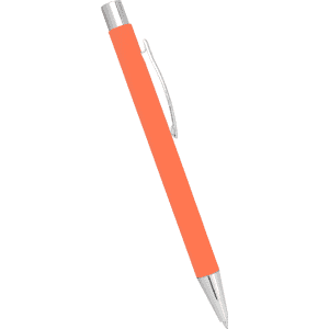 An orange metal ballpoint pen with a silver clip and tip, featuring a sleek design and a branding logo.