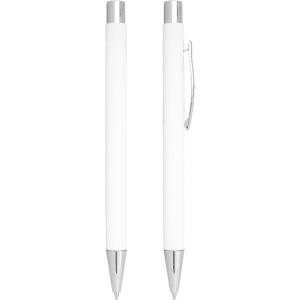 A white metal ballpoint pen with chrome accents and a clip, featuring a sleek click action design.