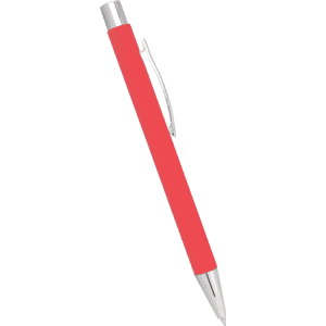 A bright red ballpoint pen with a silver clip and tip, showcasing a sleek metal design.