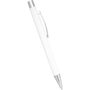 A white ballpoint pen with a silver clip and a metallic tip. The pen features a smooth finish and a logo.