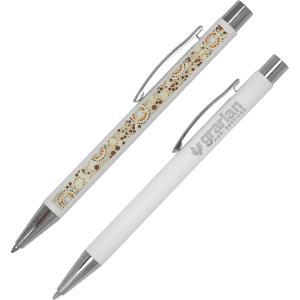 Two metal ballpoint pens in white and patterned design, featuring silver accents and clips. Each pen has a logo.