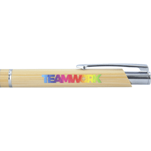 A bamboo ballpoint pen featuring a chrome clip and an iridescent logo. The pen is predominantly light brown.