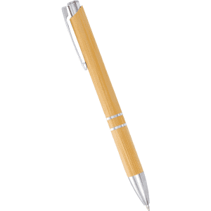 A bamboo ballpoint pen with silver accents and a metallic clip, featuring a sleek, minimalist design.