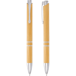 A bamboo ballpoint pen with silver accents, featuring a sleek design and a clip for easy attachment.