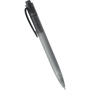 A ballpoint pen made from ocean-bound plastic, featuring a clear barrel and black accents. It includes a clip and branding.