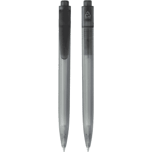 A black ballpoint pen made from ocean-bound plastic, featuring a clip and a logo on the upper part.