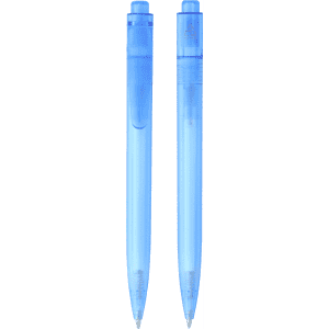 Two translucent blue ballpoint pens, featuring a simple design and a logo on one pen.
