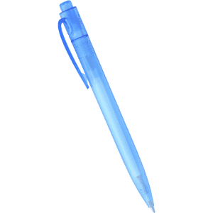 A blue ballpoint pen made from ocean-bound plastic, featuring a clear design and a clip for convenience.