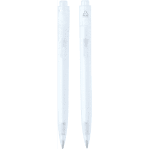 A clear plastic ballpoint pen featuring a simple design and a logo. Ideal for writing.