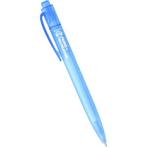 A blue ballpoint pen with a clip and transparent barrel, featuring a logo on the side.