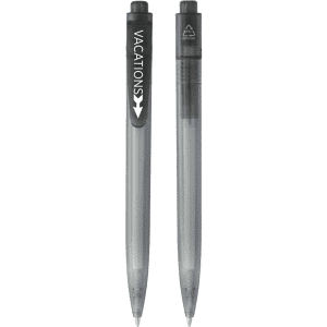 A pair of grey ballpoint pens featuring a black grip and clip, with one pen showing a logo.