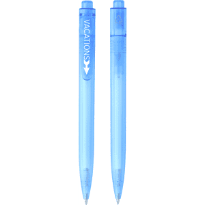 A blue ballpoint pen with a transparent barrel and a visible pen tip. Features a logo on the barrel.