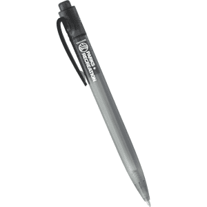 A plastic ballpoint pen in grey with a clip and a branding logo on the barrel.