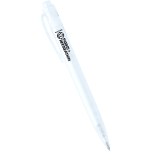 A clear plastic ballpoint pen with a visible logo, featuring a white barrel and a lightweight design.