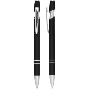 A black ballpoint pen with silver accents and a clip, featuring a sleek click-action mechanism.