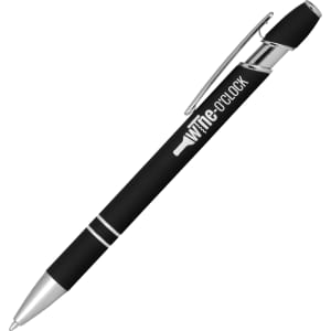 A black Talara Click Action Ballpoint Pen with silver accents and a logo on the barrel.