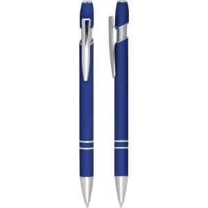 A blue ballpoint pen with a silver clip and accents, featuring a smooth click action mechanism.