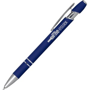 A blue ballpoint pen with a click action mechanism and a silver clip, featuring a branding logo.