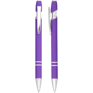 A purple ballpoint pen with a shiny silver clip and detailing, featuring a simple design and a logo.