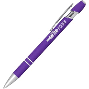 A purple click action ballpoint pen with a silver clip and a logo on the barrel.