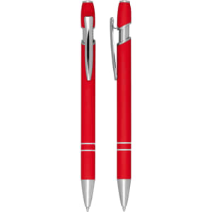 A red ballpoint pen with silver accents and a click action mechanism. Features a clip and sleek design.