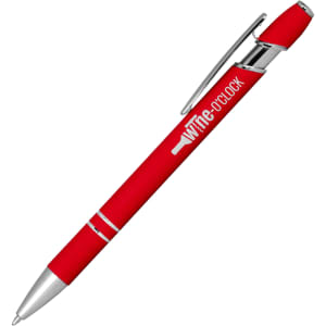 A red ballpoint pen with a click action mechanism and silver accents, featuring a branding logo.