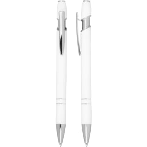 A white Talara Click Action Ballpoint Pen with chrome accents, featuring a sleek design and a clip.