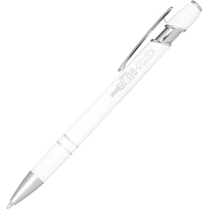 A white ballpoint pen with a silver clip and accents, featuring a logo. Ideal for writing and promotional use.