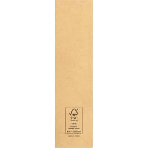 A brown cardboard pen sleeve with a logo and FSC certification mark at the bottom.
