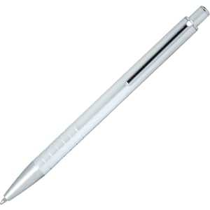 A white ballpoint pen with a clip and click action mechanism, featuring a sleek design.
