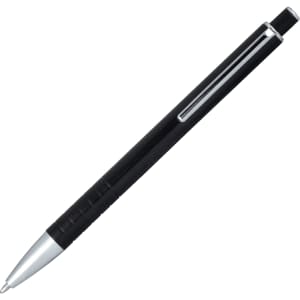 A black ballpoint pen with a click action mechanism and a silver tip, featuring a simple design and a clip.