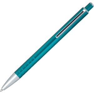 A turquoise ballpoint pen with a click action mechanism and a silver clip.