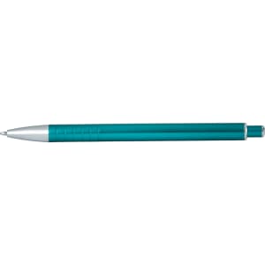 A teal ballpoint pen with a metallic silver tip and a ridged grip, featuring a branding logo.