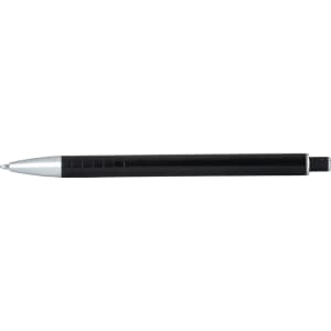A black ballpoint pen with a silver clip and tip, featuring a click action mechanism and a branded logo.