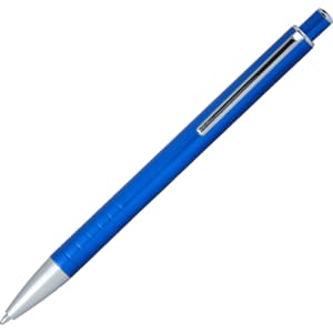 A blue ballpoint pen with a silver clip and click action mechanism. Features a smooth, sleek design.