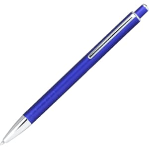 A blue ballpoint pen with a chrome clip and click action mechanism. The pen features a sleek design and smooth finish.