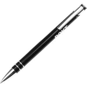 A black ballpoint pen with silver accents and a clip, featuring a logo on the barrel.