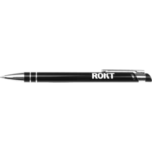 A black ballpoint pen with silver accents and a logo. The pen features a clip for easy carrying.