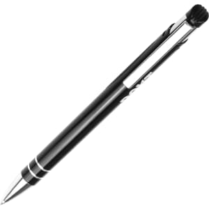 A black ballpoint pen with a sleek design and shiny silver accents, featuring a brand logo on the side.