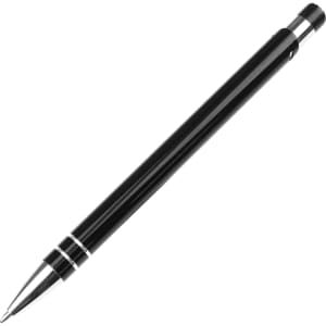 A sleek black ballpoint pen with silver accents and a branding logo on the barrel.