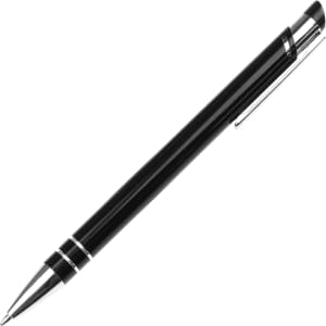 A black ballpoint pen with chrome accents and a sleek design, featuring a pocket clip and branding.