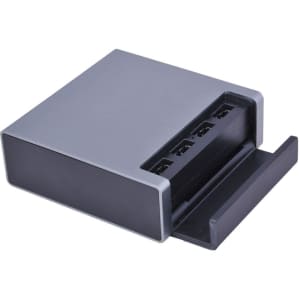 A USB smart charger in silver and black, featuring multiple USB ports for charging devices.