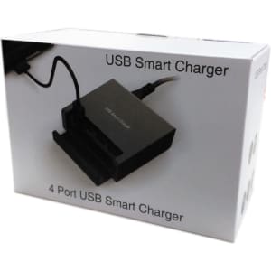 A USB Smart Charger in a white box, featuring a black device with multiple USB ports. Includes a cable.